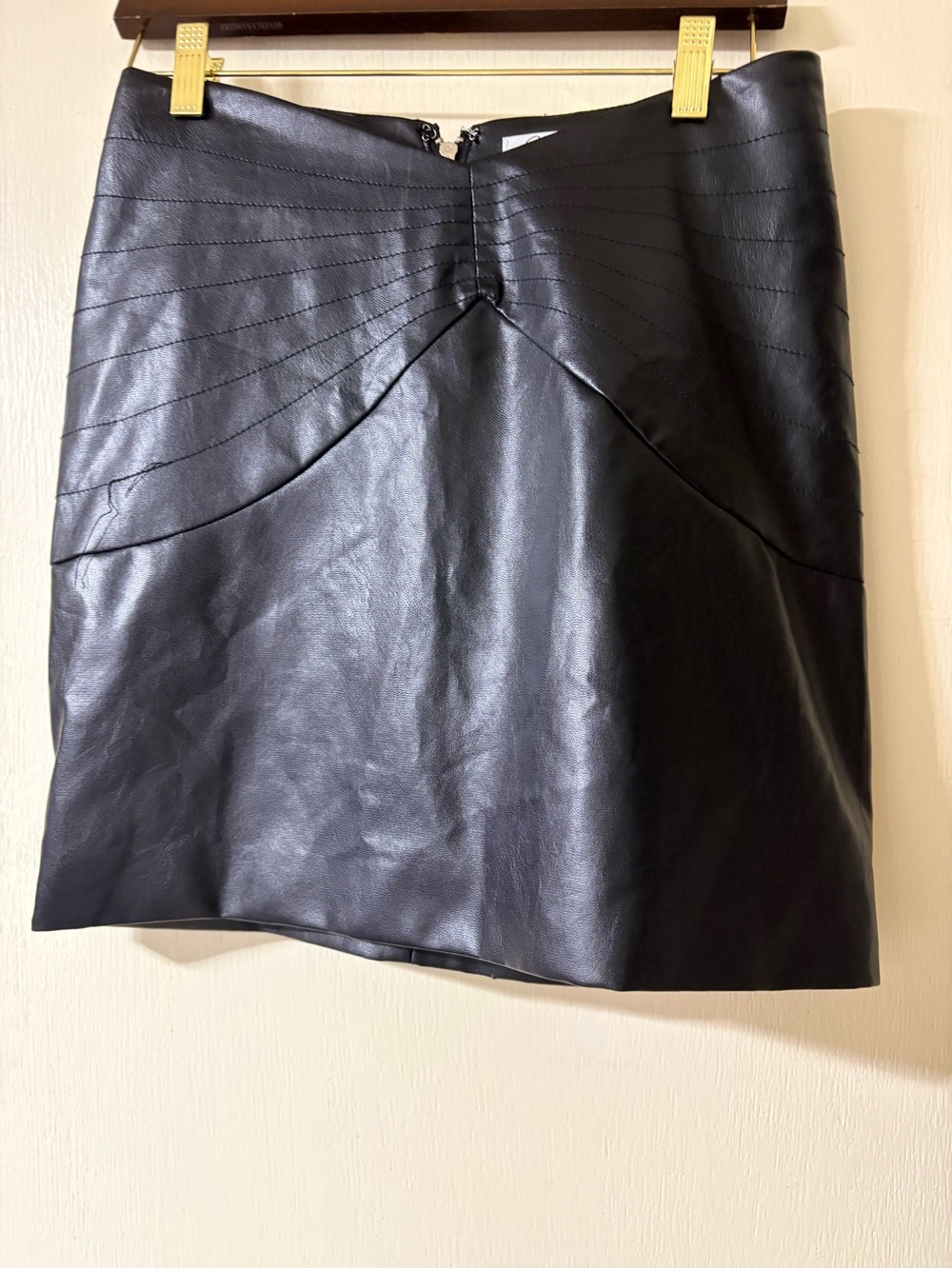 Black Faux Leather Mini Skirt with Curved Stitch Panel